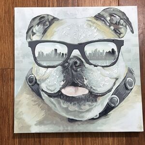 Bulldog Wall Art Canvas – Dog Lover Decor, Glasses & City Skyline, 14x14